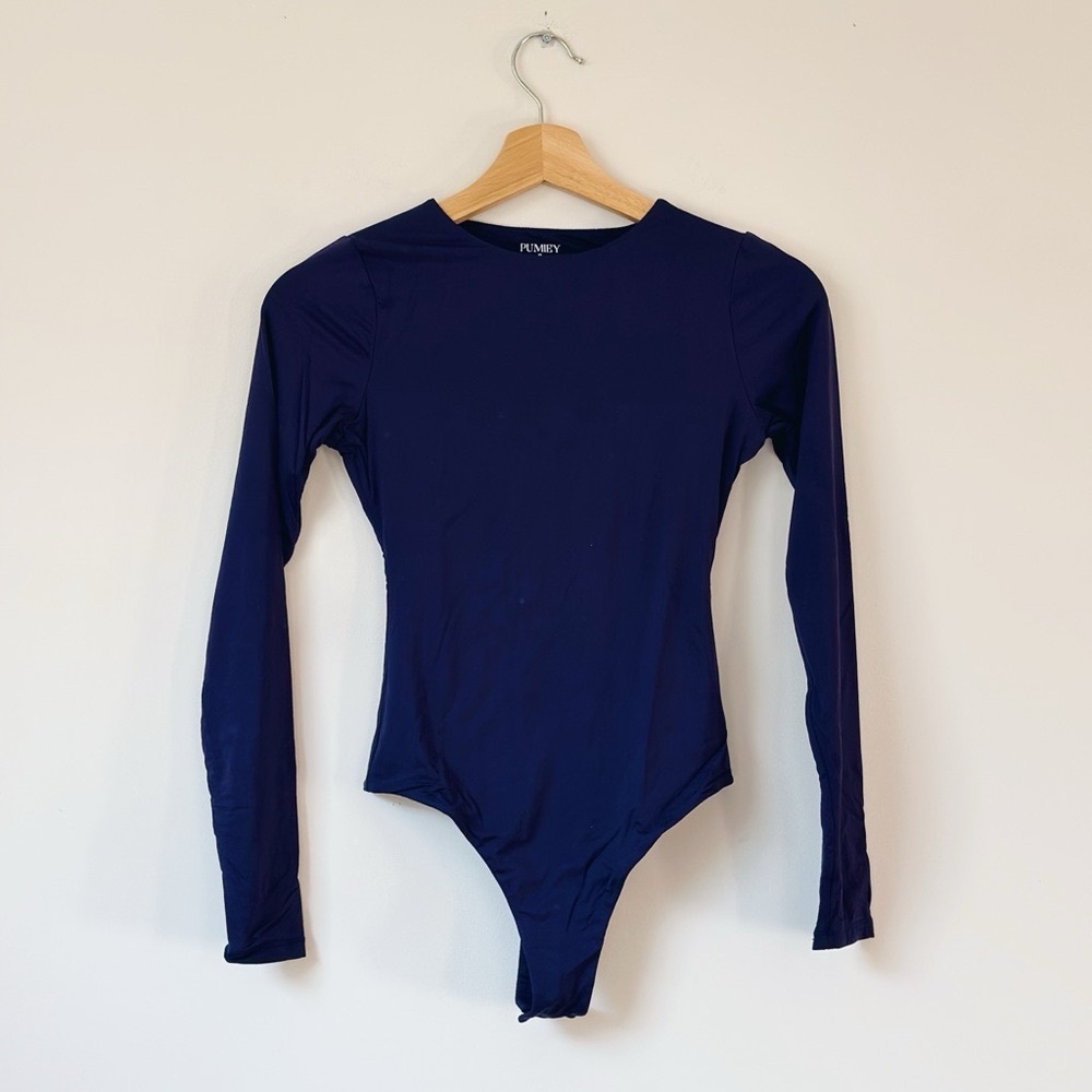 Pumey Elastic Stretchy Navy Long Sleeve Thong Bodysuit